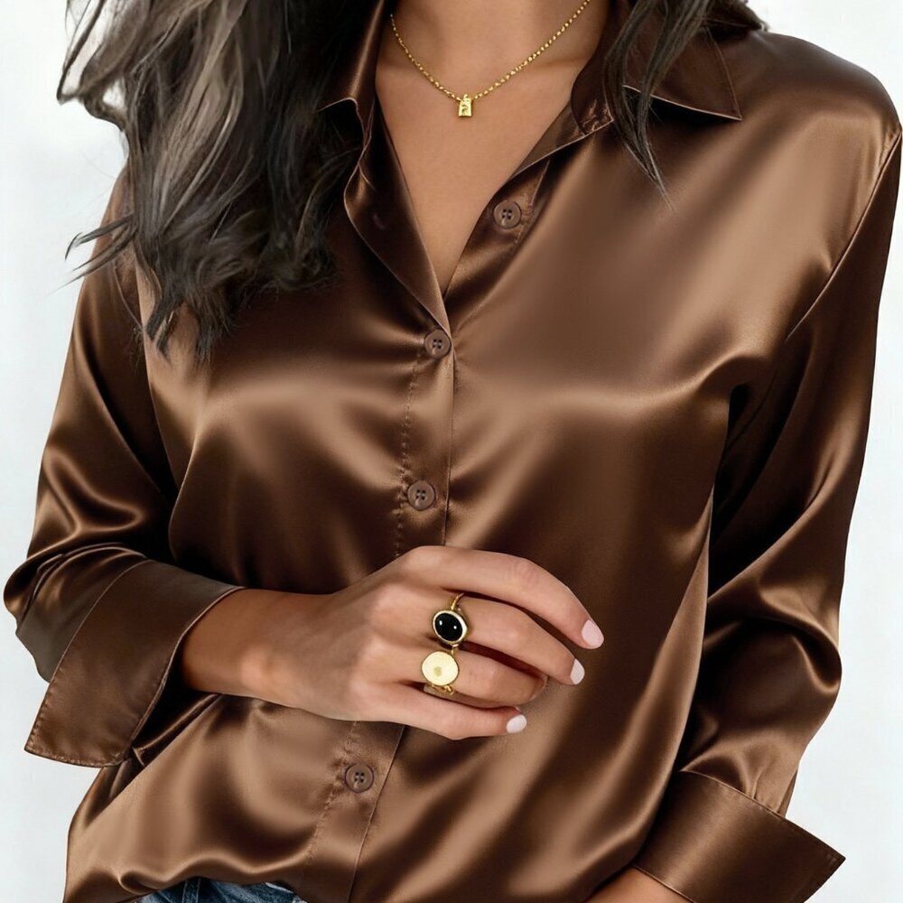 Coffee Brown Satin Women's Business Casual Blouse with Notch Lapel